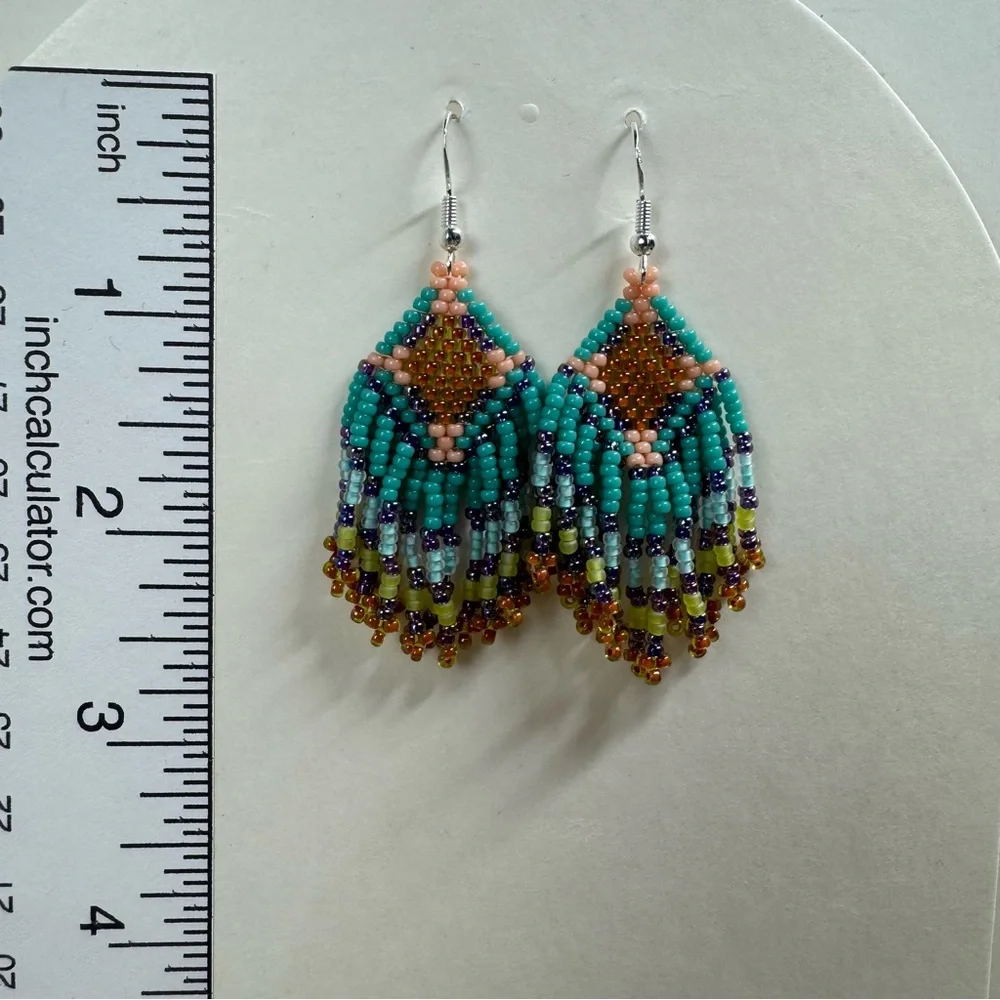 Handmade Seed‎ Bead Beaded Earrings Native American Themed 2.5” Long Multicolor